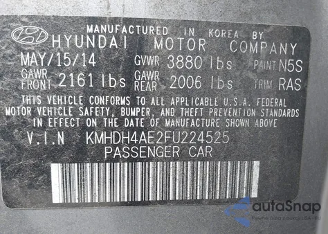 2015 Hyundai Elantra Se z USA, uszkodzony, nr VIN KMHDH4AE2FU224525